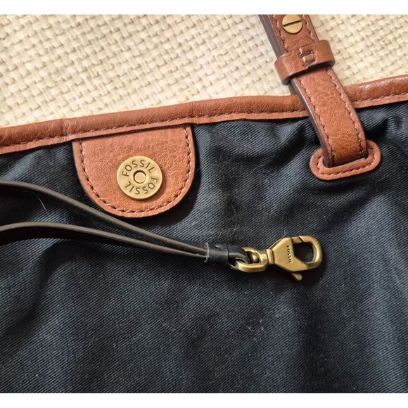 Fossil Gray White Striped Canvas Purse Bag Leather Trim & Adjustable Straps - Picture 9 of 9